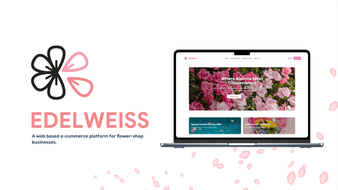 The Edelweiss homepage on a laptop, under the line 'Where Blooms Meet Convenience'
